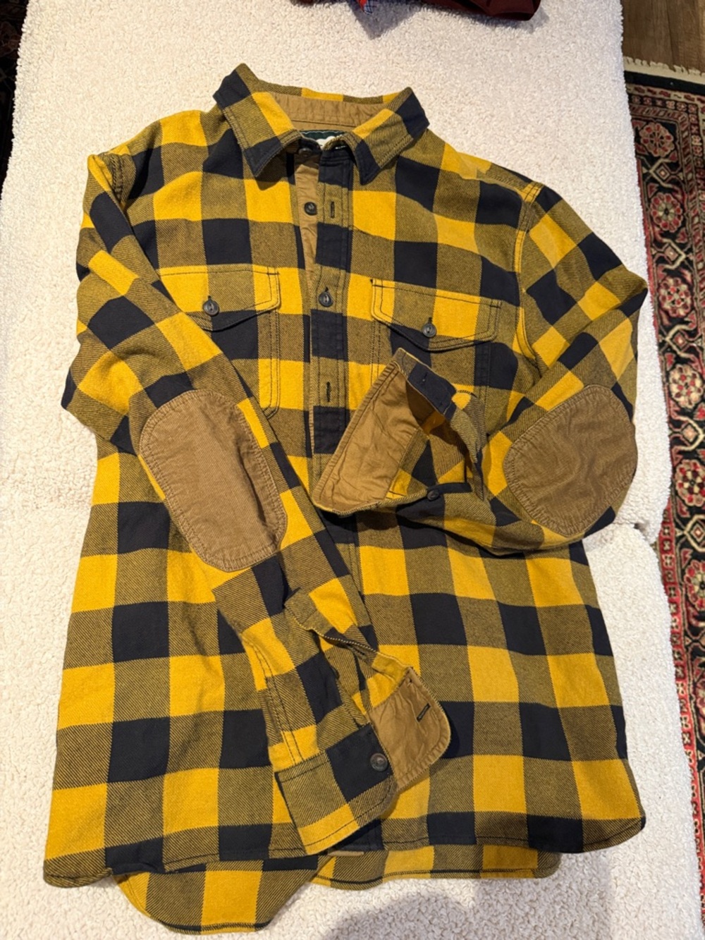 Roots Yellow and Black Plaid Flannel Shirt with Brown Trim (medium)